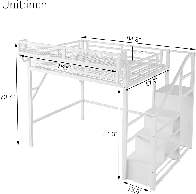 KEIKI Full Size Metal Loft Bed Frame with Convertible Staircase, Built-in Storage Shelves and Wardrobe, Loft Bed with Solid Slats, Guardrail, No Box Spring Required, Easy Assembly, for Bedroom, White