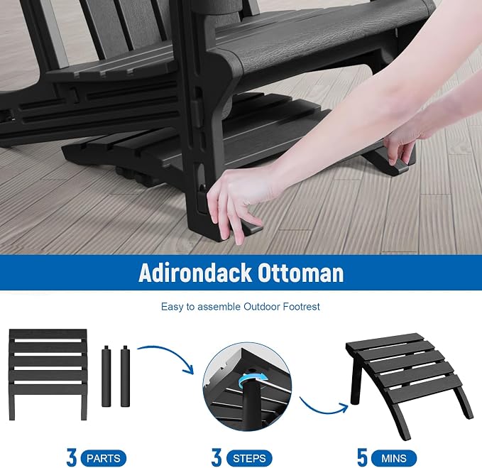 FONTOI Adirondack Ottoman, HDPE Plastic Adirondack Chair Footstool, All Weather Outdoor Footrest for Patio, Backyard, Lawn, Fire Pits, Black