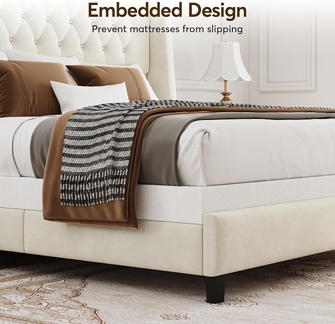 Queen Bed Frame with 55" Tall Headboard, Upholstered Bed Frames, Soft Fabric, Button Tufted Headboard with Windback, Platform Bed, Noise-Free, No Box Spring Needed, Beige