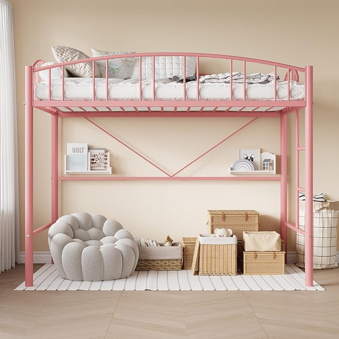 GarveeHome Loft Bed Twin Size, Heavy Duty Metal Loft Bed Frame with Arched Guardrail and Safety Ladder, Space-Saving, No Box Spring Needed, Modern Pink