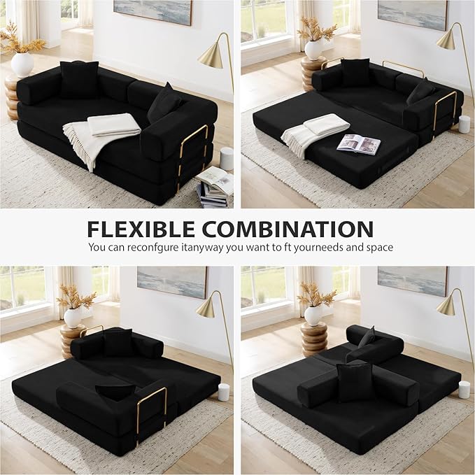 HANXIN 78 Inch Convertible Sleeper Sofa Bed, Folding Floor Mattress Couch with Fixed-Shape Frame, Futon Boneless Couch Lounge Loveseat with Pull Out Bed, No Assembly Required (Black)
