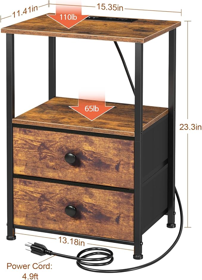 LOAKEKEL Night Stand Set 2, Nightstand with Charging Station, End Tables with Storage Shelf for Small Spaces, Bedside Table Side Tables with 2 Fabric Drawers for Bedroom, Rustic Brown, HETS020PBR