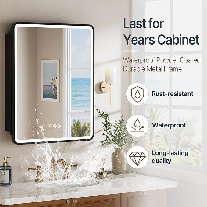 24x30 Inch Medicine Cabinet with Mirror, Recessed or Surface Mount Bathroom Medicine Cabinet with LED Lights, Anti-Fog, Memory Function, Adjustable Shelf, Dimmable Light, ETL Listed, Black,Left Hinge