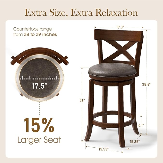 Sophia & William Swivel Bar Stools Set of 4, 26 Inch Counter Height Barstools with Cross Back & Solid Wood Legs,Modern Faux Leather Bar Chairs for Kitchen Island
