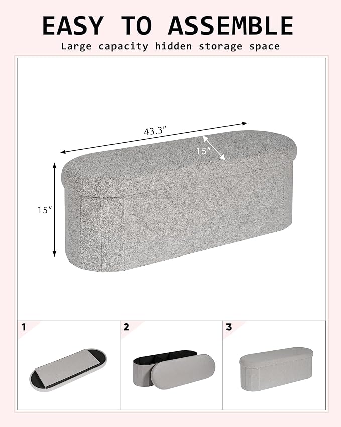 Storage Ottoman Bench, 43.3" Oval Upholstered Ottoman Foot Rest Foldable Boucle End of Bed Storage Bench for Living Room, Entryway, Grey