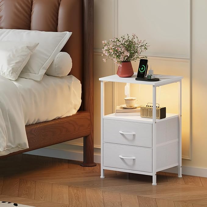 Somdot Nightstands Set of 2,End Tables with Charging Station and LED Lights,Night Stand with 2 Fabric Drawers, End Table with Open Shelf, Small Nightstand for Bedroom, White Leather