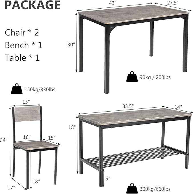 COSTWAY Dining Table Set for 4, Rectangular Kitchen Table Set with Bench and 2 Chairs, Storage Rack & Metal Frame, 4-Piece Dining Room Table and Chairs Set for Small Space, Apartment (Grey)