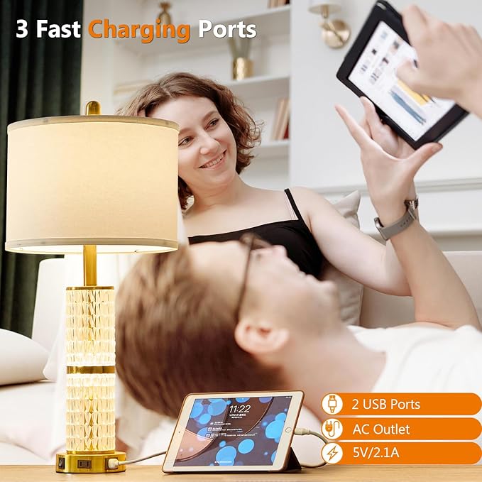 SAIWEYA Crystal Table Lamps Modern 3-Way Dimmable Bedside Lamp with 2 USB Ports & AC Outlets for Living Room Bedroom Nightstand Lamp Night Light