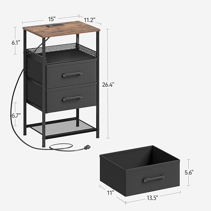 JARHETUN Nightstand Set of 2, Night Stands with Charging Station, 26.4 Inch Tall Bedside Table with Metal Shelf, Side Table with 2 Fabirc Drawers for Bedroom, Rustic Brown