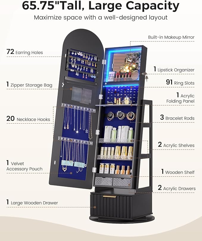 Dystler Arched Jewelry Cabinet with RGB Full-Length Mirror, 360° Swivel Standing Jewelry Armoire with Shelves & Drawer, Lockable Jewelry Organizers and Storage with Remote Control, Black