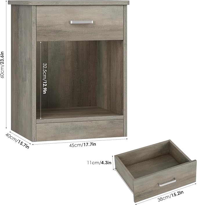 FOTOSOK Nightstand Set of 2, 2-Tier Side Table with Drawer and Storage Shelf, Bedside Table End Table, Modern Night Stand for Bedroom, Home Office,Vintage Grey