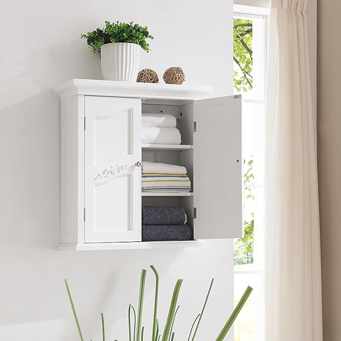 Teamson Home Versailles 22" x 24" Bathroom Wall Cabinet with Doors and Adjustable Shelves, White Medicine Cabinet for Storage in Bathroom, Kitchen, Laundry, Office, Garage, Above Toilet