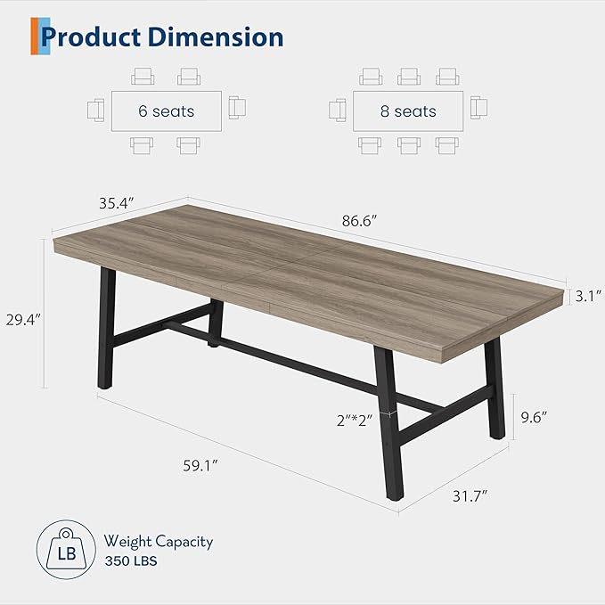 GarveeHome Industrial Dining Table for 8-10 People, 86.61" Long Kitchen Table with Sturdy Metal Frame, Rectangular Counter for Dinner, Kitchen, Dining Room (Grey Walnut, 87" Non-extendable)