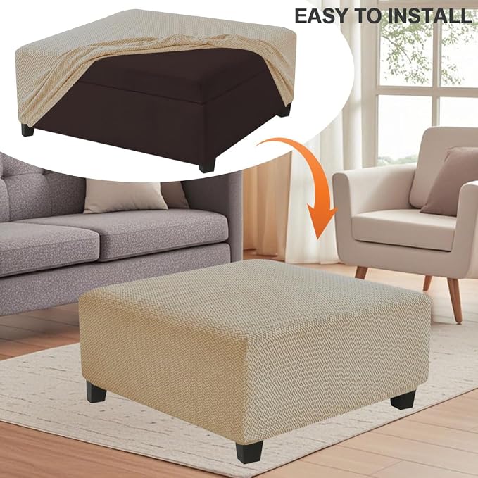 Levoberg Waterproof Square Ottoman Cover Large Square Folding Storage Ottoman Bench Slipcovers Footrest Stool Covers Oversized Ottoman Coffee Table Covers Cube with Elastic Bottom M Sand
