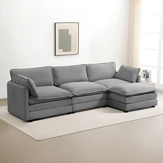 ROWHY 112'' Modular Sectional Cloud Couch with Movable Ottoman, 4 Seat Modern Corduroy Sofa with 2 Throw Pillows, Comfy Deep Seat L Shaped Couches for Living Room Bedroom Apartment, Dark Grey