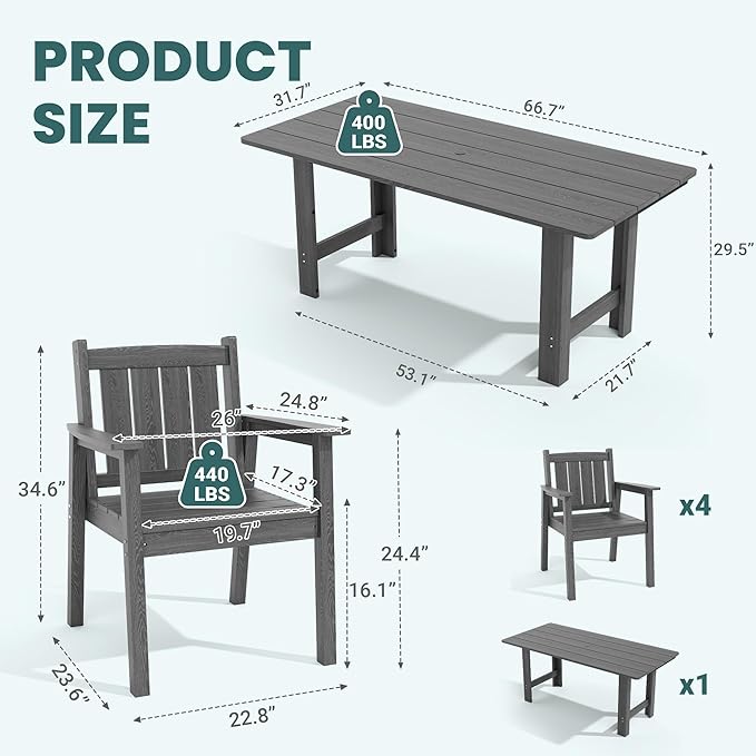 Pamapic 5-Piece Outdoor Dining Set, HDPE Outdoor Rectangular Table and 4 Chairs, Wood Grain Patio Furniture Sets with Armrest, All-Weather Patio Dining Table with Umbrella Hole, Gray