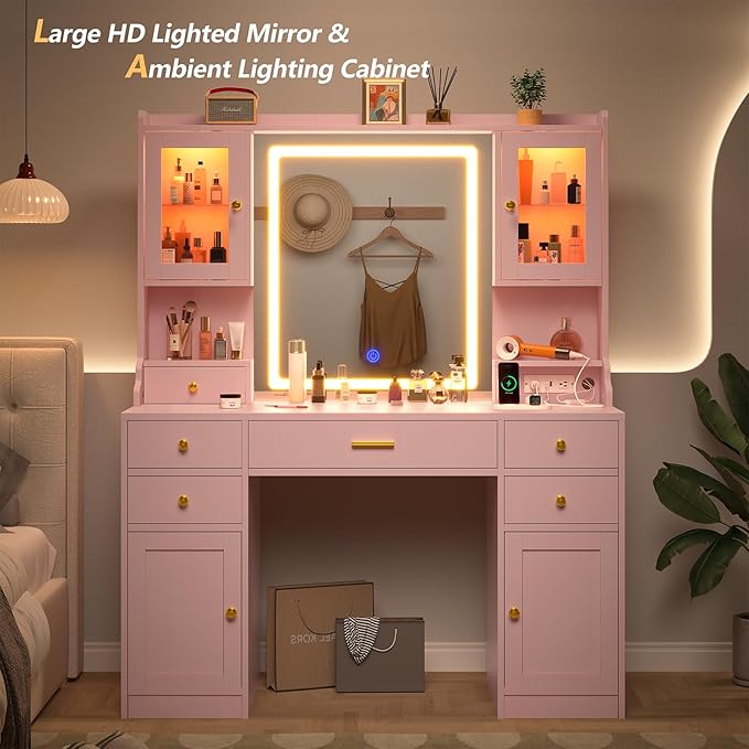 CSZZD Vanity Desk with LED Lighted Mirror, 41.3" Makeup Vanity Table with Power Outlet and 6 Drawers & Storage Shelves for Bedroom, Dressing Table with RGB Cabinets, Pink