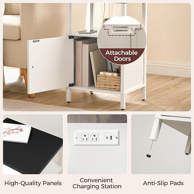 MAHANCRIS Farmhouse Nightstand with Charging Station, White Bedside Table with USB & Type-C Ports, Black End Table with Storage and Open Shelf, Modern Side Table for Bedroom, ETBW96E01