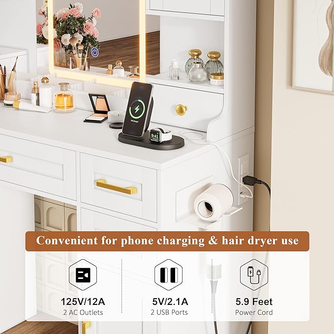 KAMABOKO White Vanity Desk with Mirror and Lights, Makeup Vanity with 2 Clear Glass Display Cabinets and 2 Large Drawers, 3 Lighting Color Adjustable, Girls Dressing Table for Bedroom
