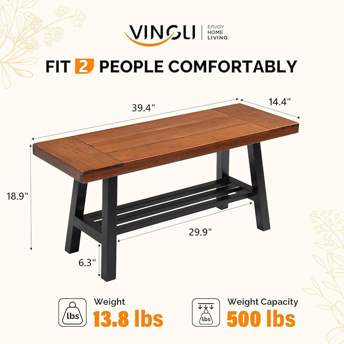 VINGLI 40in Storage Bench, Solid Wood Seat with Metal Storage Shelf, Weather Resistant High Capacity Indoor Outdoor Dining Benches, Sturdy Shoe Rack Bench for Entryway Mudroom Porch