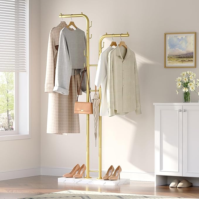 YATINEY Gold Coat Hanger Stand, Floor Standing Coat Rack, Entryway Coat Tree with 8 Hooks and Marble-Look Base, Modern Double-Pole Metal Clothes Rack for Entrance, Living Room, Bedroom, YM02DWY1
