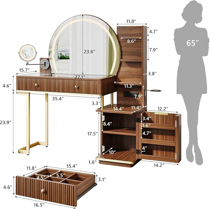 Einhomn Vanity Desk w/5x Magnifying Mirror, Fluted Makeup Vanity w/Mirror and Lights, Glass Top Vanity, Dressing Table w/Power Outlet & Drawers, Adjustable Shelves for Bedroom, Women & Girls, Brown