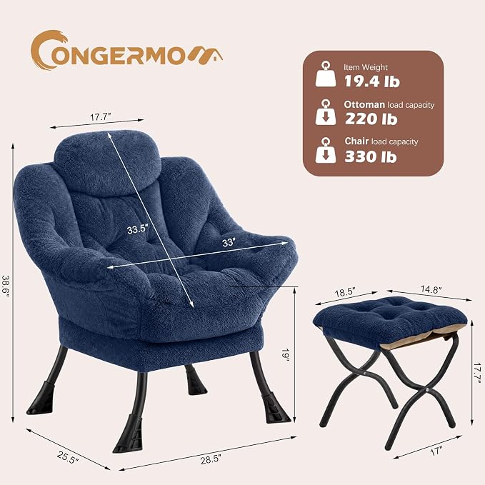 Lazy Chair with Folding Ottoman,Leisure Sofa Chair,Soft Fabric Armchair with Armrests and Side Pockets, Reading Chair with Footrest for Living Room, Bedroom, Office (Plush Navy)