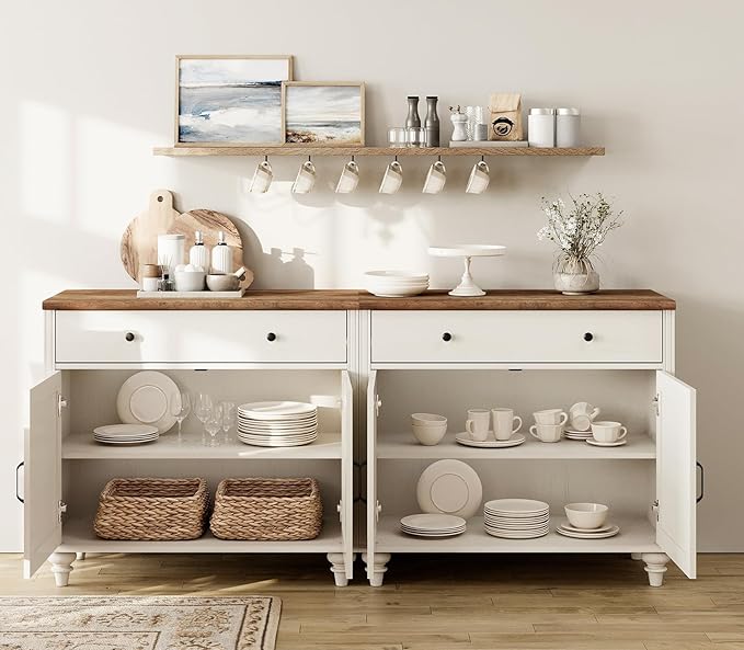 WAMAPT Buffet Cabinet with 4 Doors and 2 Drawers, Large Coffee Bar Table Wood Kitchen Storage Cabinets with Storage Cabinets, Modern Farmhouse Sideboard Credenza for Dining Room, Off White, 68 inch