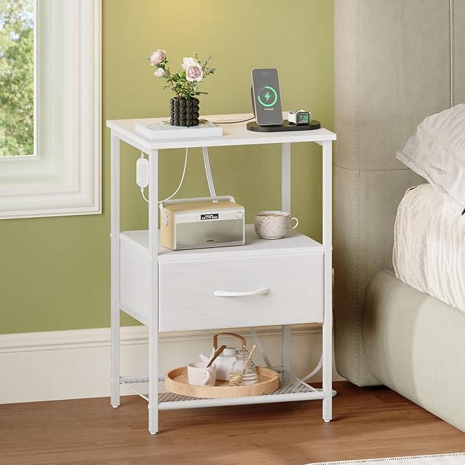 Somdot Nightstand with Charging Station and LED Light for Bedroom, Bedside Table End Table for Dorm Guest Room Bedside Kids Laundry Closet Entryway Hallway, White Leather