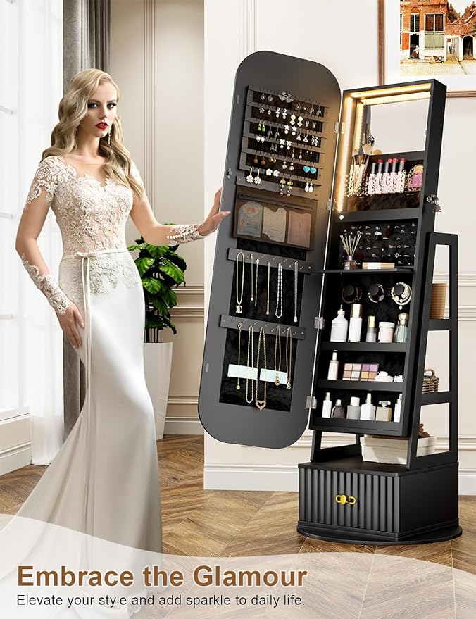 360° Swivel Jewelry Cabinet with Lights - RGB Vanity Mirror | Rotatable Full Length Mirror with Jewelry Storage, Standing Jewelry Armoire Organizer, Foldable Makeup Shelf, White (Black 052)