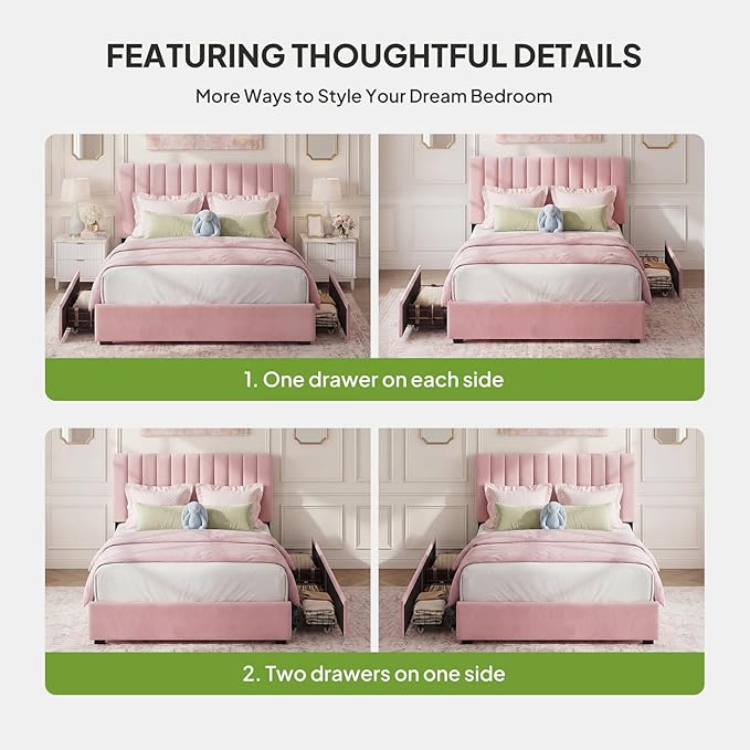 Welzona Queen Size Velvet Bed Frame with 2 Storage Drawers, Fully Upholstered Metal Platform Corner Bed Frame with Vertical Tufted Headboard, 3-Level Height, Easy Assembly, No Box Spring Needed, Pink