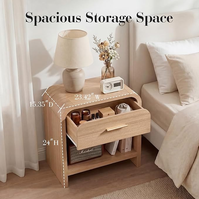 Night Stand Set of 2 [Unique Curved Profile] [FSC-Certified Wooden Board] 1-Drawer and 1 Storage Shelf Nightstand 24" H Metal Handle Modern Bedside Table Side Table End Table for Bedroom