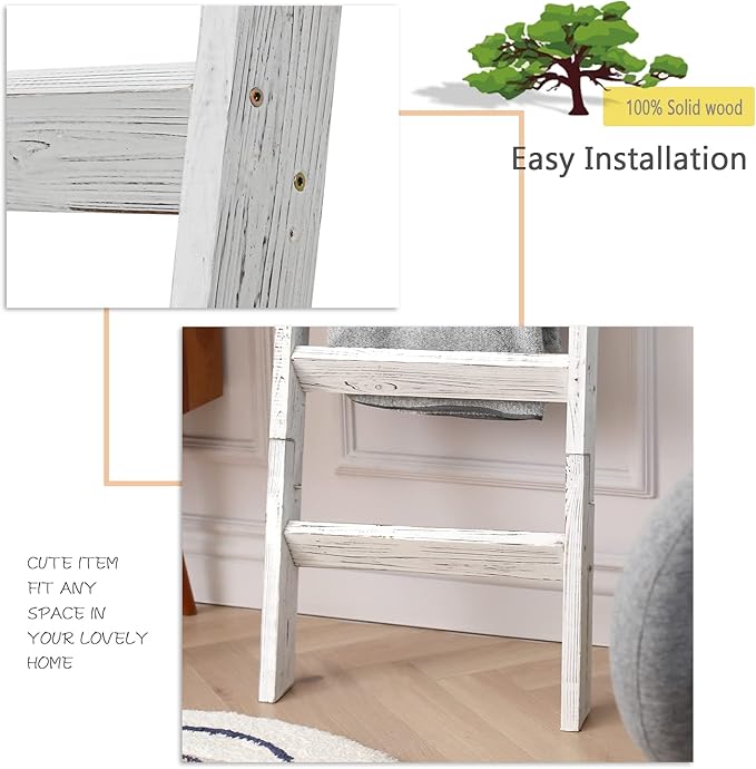 FUIN 5ft Wood Blanket Ladder Living Room Decorative Wall Leaning Farmhouse Quilt Display Holder Storage Wooden Towel Rack for Bathroom, Rustic White
