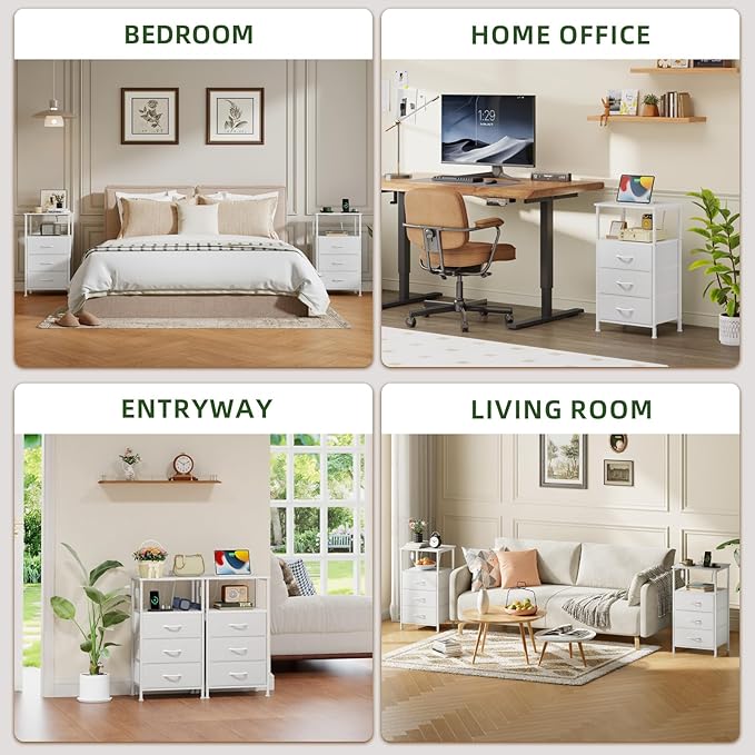 Somdot Nightstands Set of 2,Bedside Tables with Charging Station and LED Lights,Night Stand with 3 Fabric Drawers, End Tables with Open Shelf for Small Spaces Bedroom Entryway Hallway, White Leather