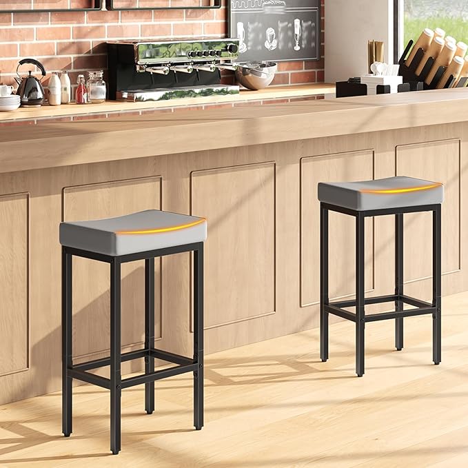 HOOBRO Bar Stools Set of 2, 24.8 Inches Bar Chairs, Counter Height Stools, Saddle Barstools with Curved Surface, 2.4" Thick Upholstery, for Kitchen, Dining Room, Gray and Black BG10BY01