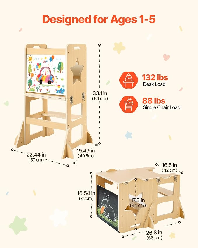 VEVOR 4-in-1 Toddler Kitchen Step Stool, Foldable Learning Standing Tower with Blackboard & Whiteboard, Wooden Kitchen Stool Helper with Detachable Stool, Montessori Table and Chair Set for Ages 1-3