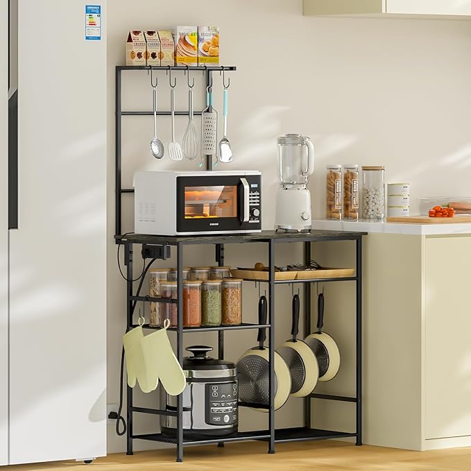 3IngSeagulls Bakers Rack with Power Outlet, Kitchen Microwave Stand with 10 S-shaped Hooks, 6-Tier Coffee Bar Station, Kitchen Storage Shelf Rack for Spices, Pots, Gray