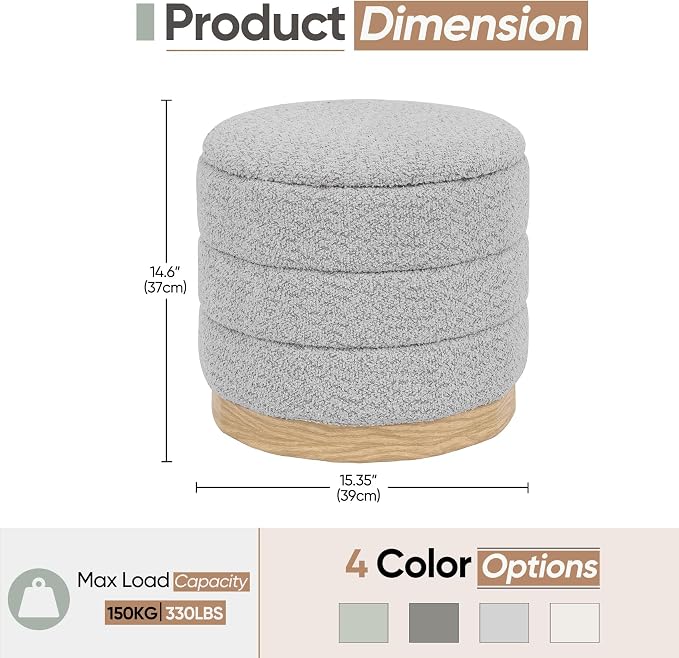 Round Storage Ottoman with Reversible Tray Lid, Folding Chenille Fabric Footrest with Hidden Storage, 15.4" Footstool for Small Spaces Living Room Bedroom, Wood Grain Base, Sliver Grey