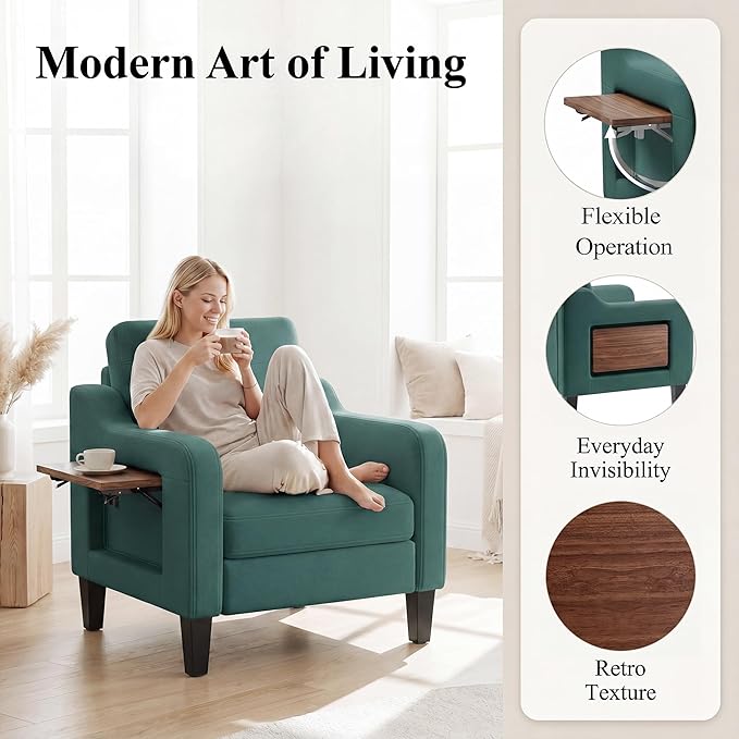Accent Chair for Living Room, Mid-Century Upholstered Armchair with Foldable Table & 2 Side Pockets, Modern Linen Wooden Sofa Chair for Bedroom & Reading Room, Green