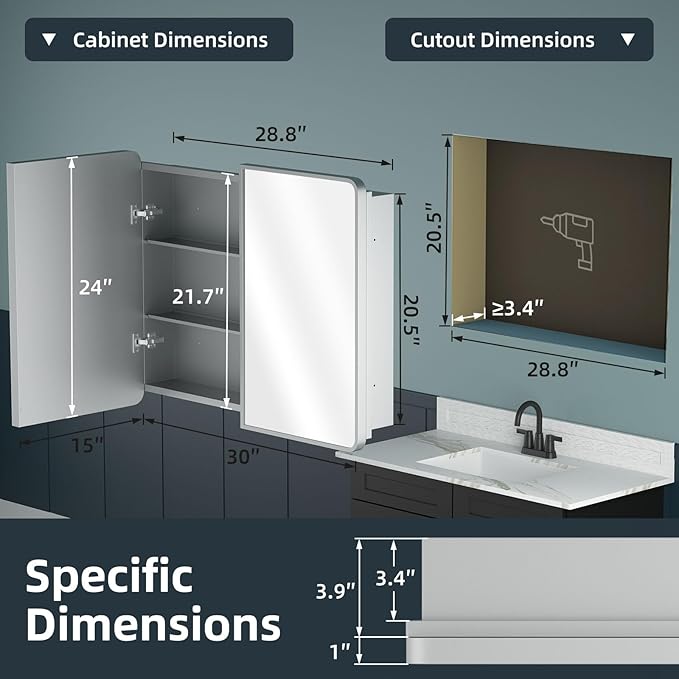 Bathroom Medicine Cabinet with Mirror 24x30Inch, Silver Medicine Cabinet Recessed or Surface Wall-Mounted, Mirrored Cabinets with Sturdy Metal Adjustable Shelves for Bathroom Vanity