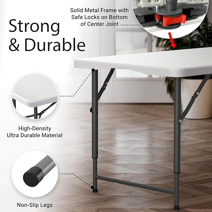 2 Pack of 4 Feet Foldable Table with Built in Handle & Steel Legs | Heavy Duty Portable | Perfect for Party, Dining, Wedding, Events, Picnic Indoor, Outdoor, Camping, Utility, Temporary