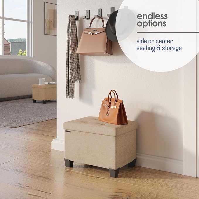 Storage Ottoman Cube with Small Bin, 16-in Square Ottoman with Storage for Living Room and Bedroom, Small Ottomans Foot Rest, Fabric Foot Stools Ottomans Max 330lbs, Taupe