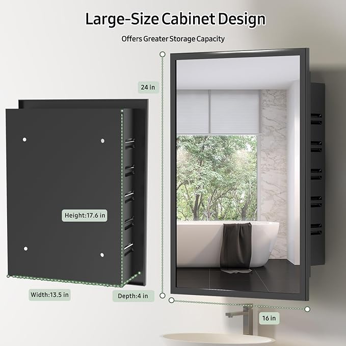 NLShan Medicine Cabinet Mirror for Bathroom: Recessed Vanity Bathroom Cabinet with Mirror Door - Black Metal Framed and Wall Mounted Design with Adjustable Shelves for Bathroom Storage