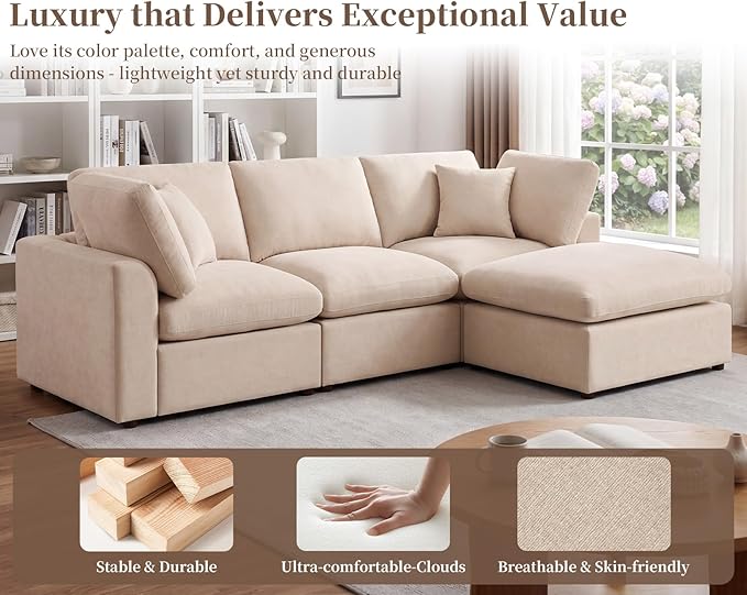 Modular Cloud Sectional Couches for Living Room, Oversized Modular Sectional Sofa with Ottoman, L Shaped 3 Seater Couch with Pillow, Light Camel