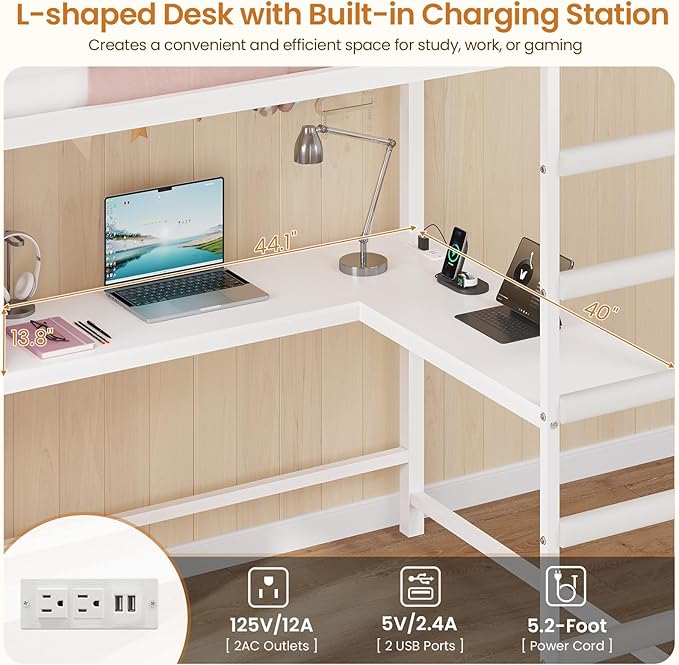 DICTAC Twin Size Loft Bed with L-Shaped Desk and 7 Storage Drawers,Metal Twin Loft Bed for Kids with LED Lights & Charging Station,Girls loft beds with 13.11" H Safety Guardrail and Stair,White+Pink