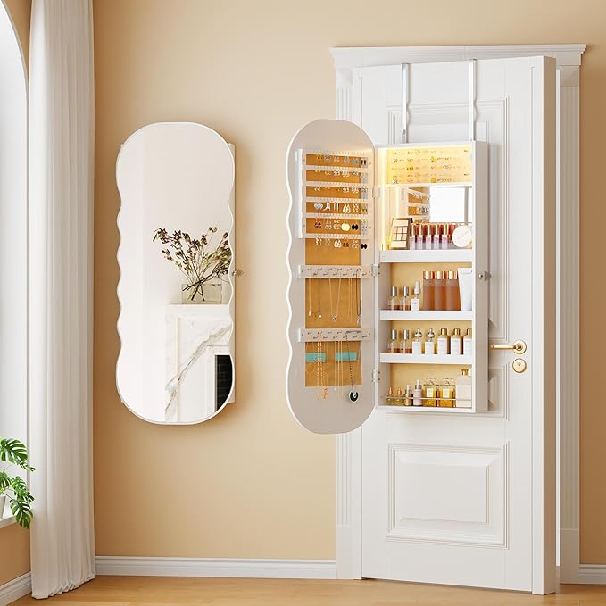 LVSOMT LED Mirror Jewelry Cabinet Wall Mounted, Over the Door Jewelry Organizer with Wave Mirror, Lockable Full Length Mirror with Storage, Jewelry Armoire for Necklaces Earrings, Gift for Women,White