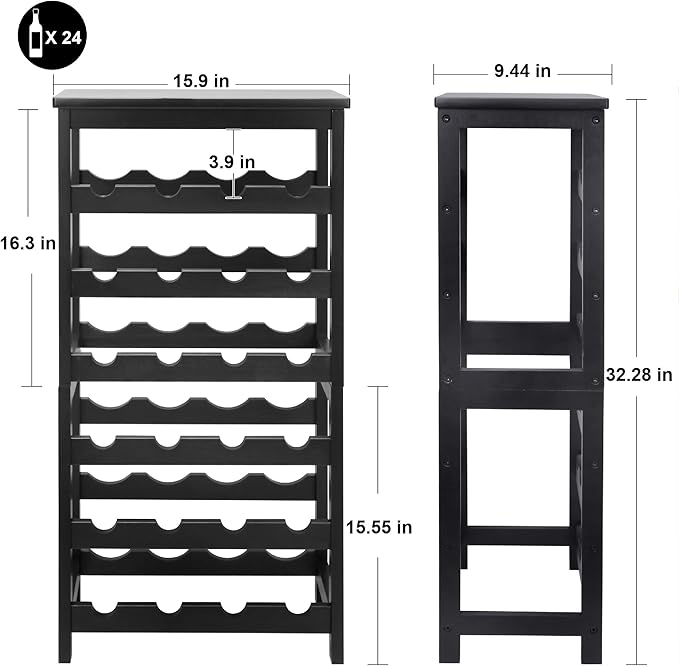 Wine Rack Free Standing Floor, 6-Tier 24 Bottles Display Wine Storage Shelves with Table Top, Easy-Assembly Freestanding Bamboo Wine Racks for Kitchen Dining Room Bar, Black