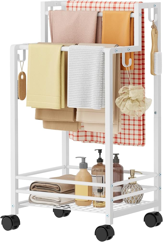 Gewudraw Free Standing Towel Rack, Pool Towel Rack, 4-Tier Blanket Stand with Shelf, Bathroom Towel Drying Rack with 4 Hooks, Rust-Resistant Drying Rack Indoor/Outdoor, White