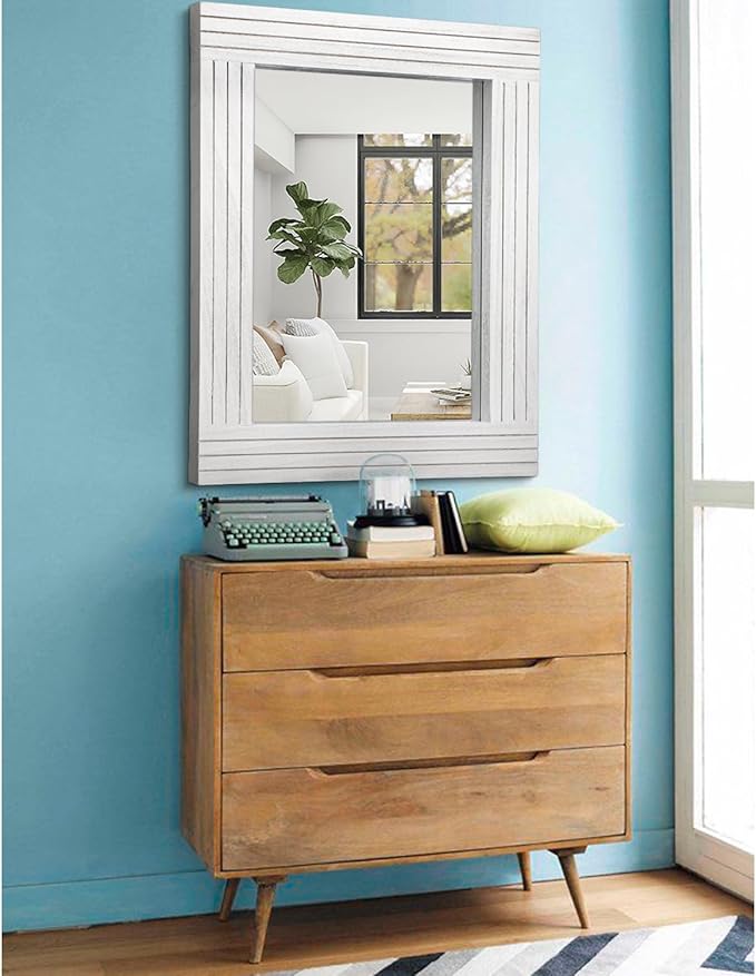 Rustic Wall Mirror, Rectangular Vintage Wood Framed Large Mirror for Living Room, Bathroom, Bedroom & Entrance - White, 26" x 18"