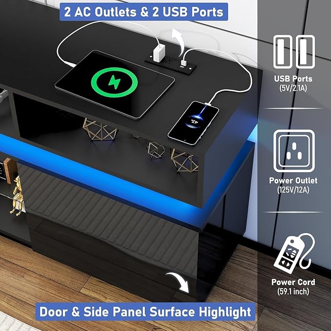chartustriable Fireplace TV Stand for 95" TV, 83" LED Entertainment Center with 40" Fireplace & Power Outlets, High Gloss TV Stand, Gaming TV Media Console for Living Room, 83 Inch, Black